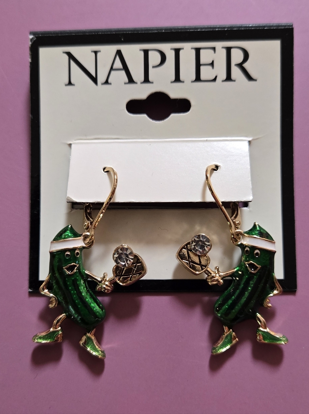 Napier Green Enamel Pickle Dangle Earrings with Gold Accents - Picture 3 of 6